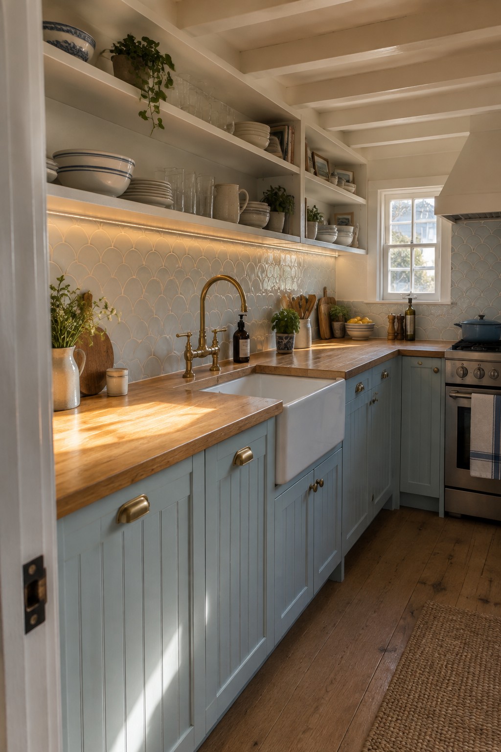 A kitchen interior with light blue cabinets, wooden countertops, a white farmhouse sink, brass faucet, open shelves, and under-cabinet LED lighting illuminating a scalloped tile backsplash.