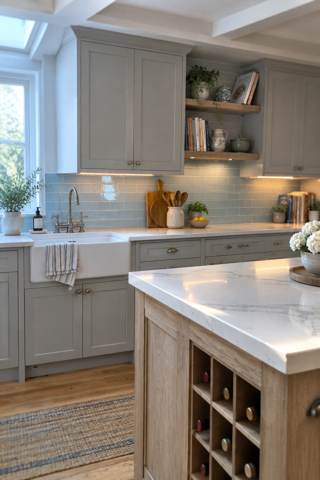 A kitchen interior with gray cabinets, white marble countertops, open wooden shelves, and illuminated under-cabinet lighting above the sink and counters.