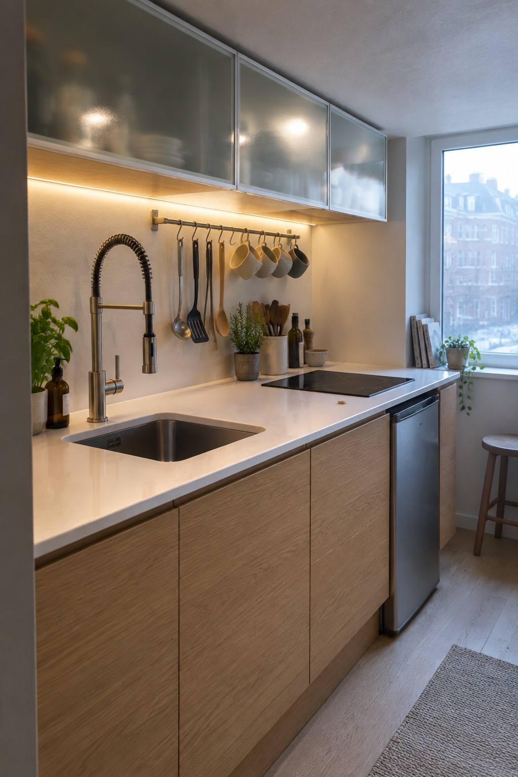 Modern kitchen with light wood cabinets, white countertop, stainless sink, and window view