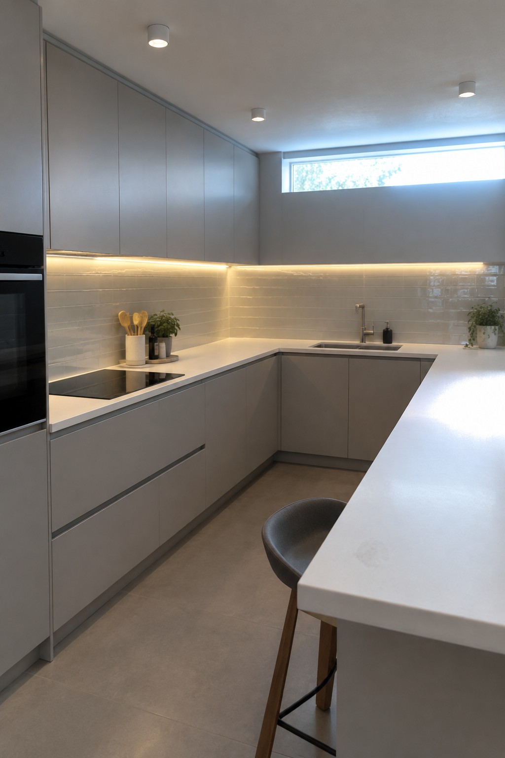 Modern kitchen with gray cabinets, white countertops, black oven, and warm under-cabinet LED strip lighting along the backsplash.
