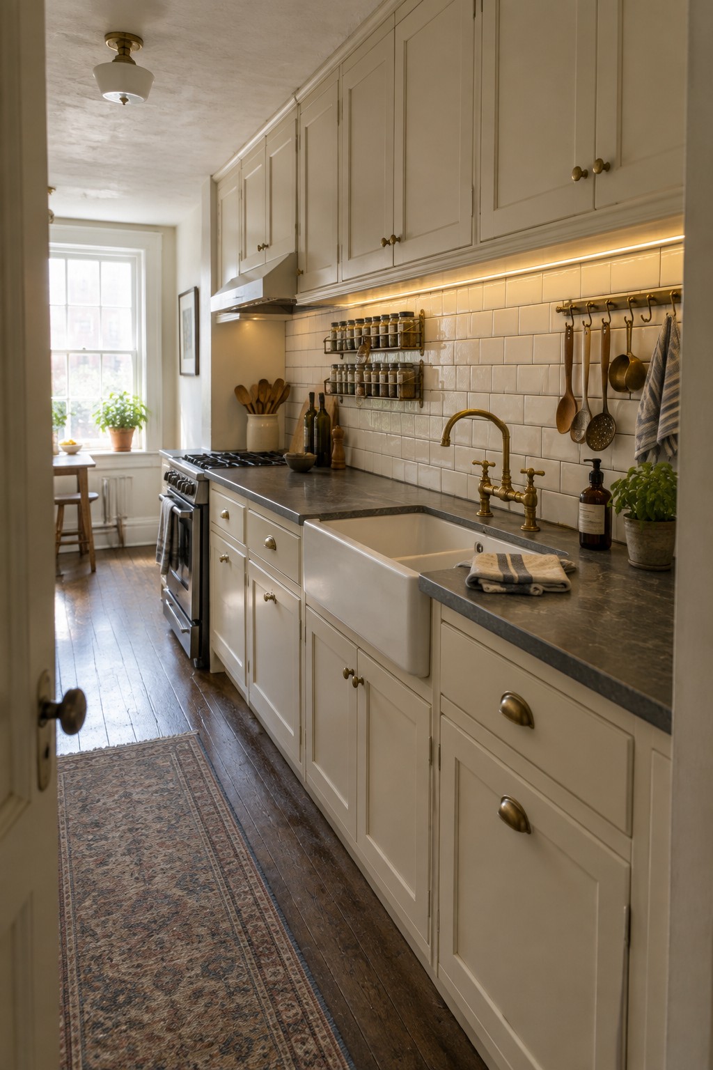 A narrow kitchen with off-white cabinets, a white farmhouse sink, brass faucet, and under-cabinet LED strip lighting above a dark countertop and white subway tile backsplash.