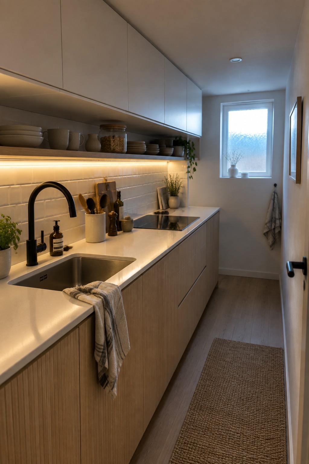 A narrow kitchen with light wood cabinets, white countertops, and warm under-cabinet LED lighting glowing over the sink and workspace.