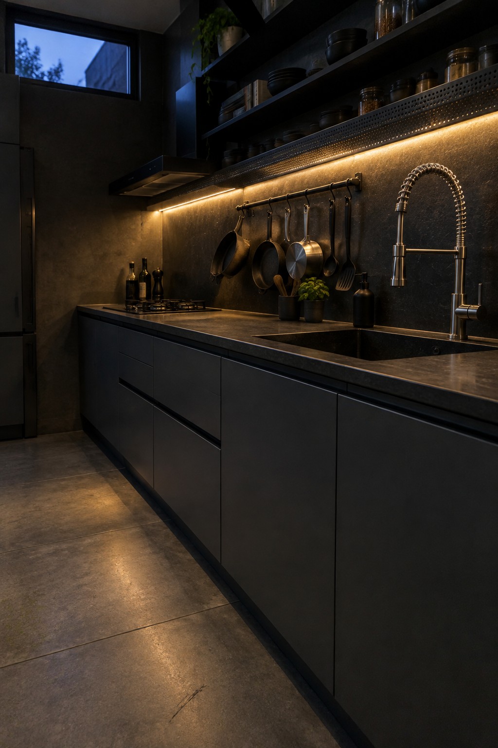 A modern dark kitchen with matte black cabinets, open shelves, a stainless steel sink and faucet, and warm LED strip lighting running under the upper cabinets and shelves.