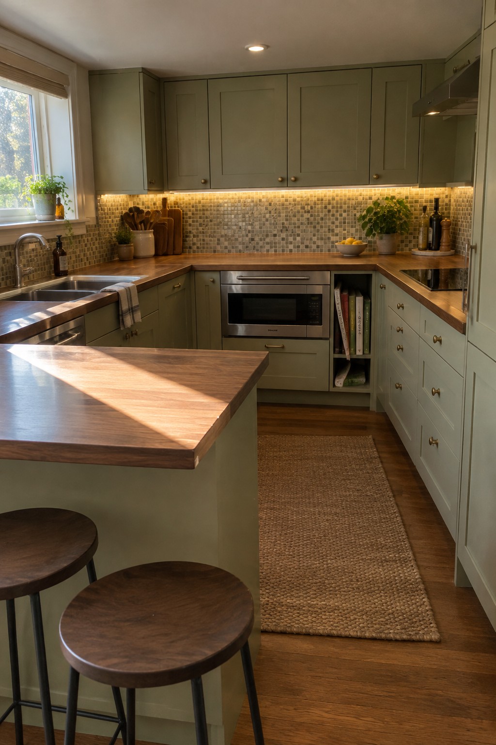 A kitchen interior with sage green cabinets, wooden countertops, warm under-cabinet lighting along a mosaic backsplash, a built-in microwave, and a central island with two round wooden stools.