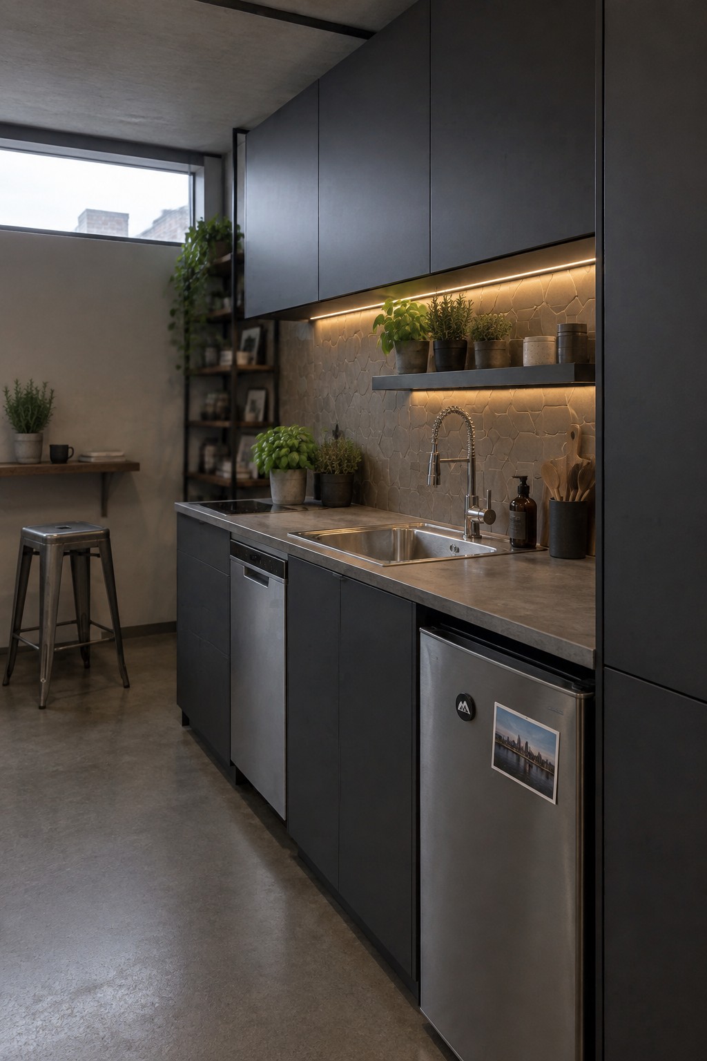 A modern kitchen with dark gray cabinets, concrete countertop, stainless steel sink, and a continuous LED light strip mounted under the upper cabinets illuminating the workspace and potted plants.