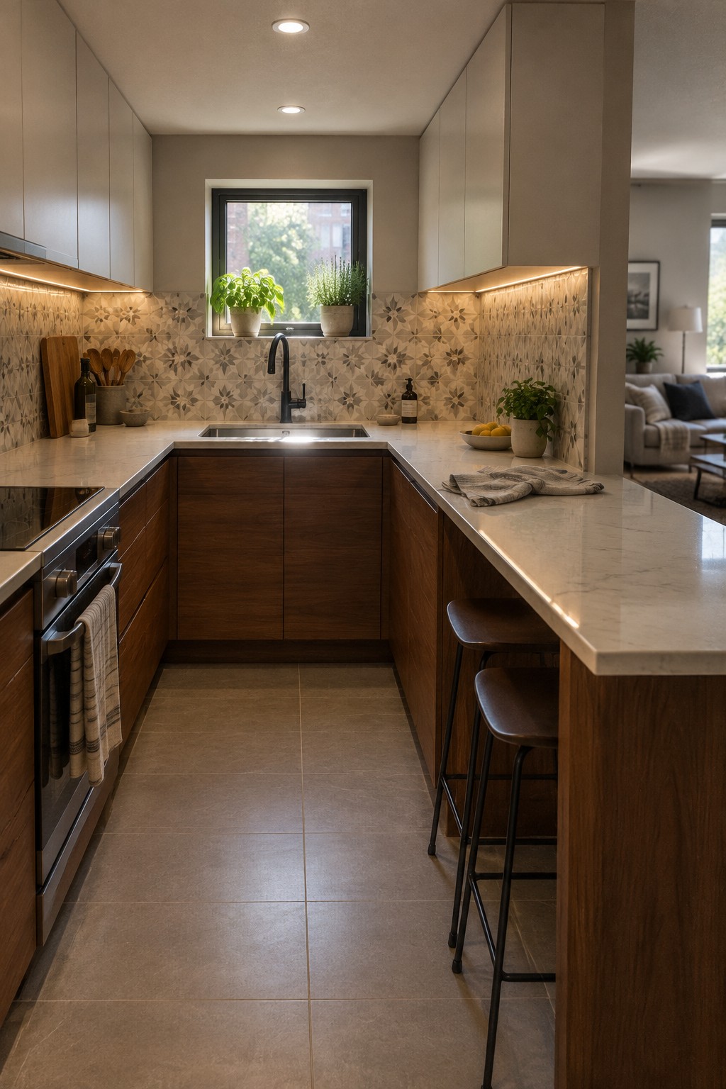 Modern kitchen with light upper cabinets, dark wood lower cabinets, marble countertops, under-cabinet lighting, and a sink beneath a window.