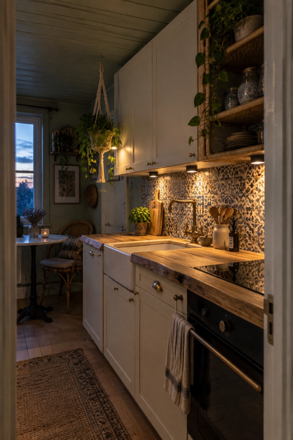 A compact kitchen with white cabinets, wooden countertops, and under-cabinet lights illuminating a patterned tile backsplash above the sink.