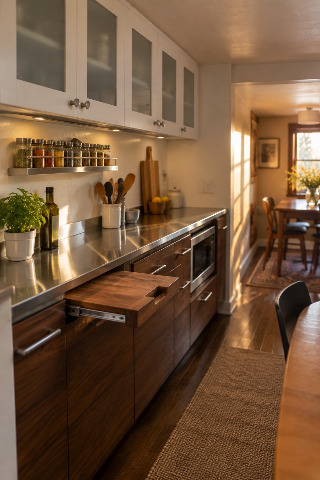 Modern kitchen with white cabinets, stainless steel counters, dark wood drawers, and dining area beyond