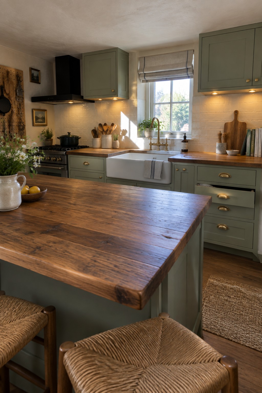 A kitchen with sage green cabinets, wooden countertops, a white farmhouse sink, and warm under-cabinet lighting along the backsplash.