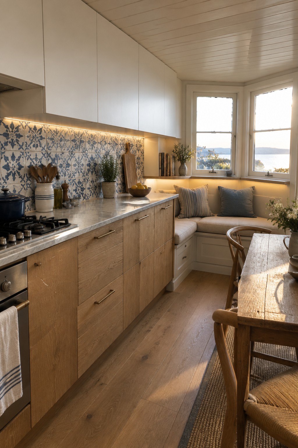 Bright kitchen with wooden cabinets, marble counters, blue tile backsplash, and window seat overlooking water.