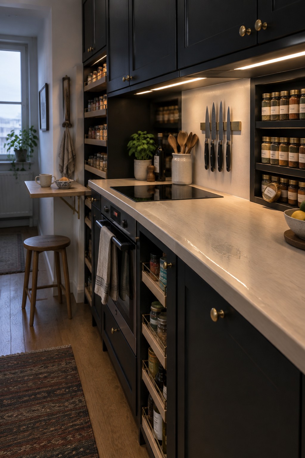 A kitchen with dark cabinets, under-cabinet LED strips illuminating a light countertop, and open spice shelves visible on the right.