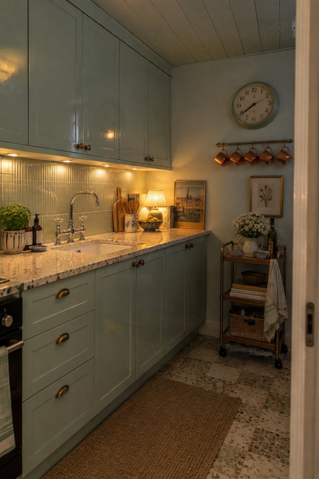 A kitchen with sage green cabinets, speckled countertops, and under-cabinet lighting glowing along the backsplash above the sink.