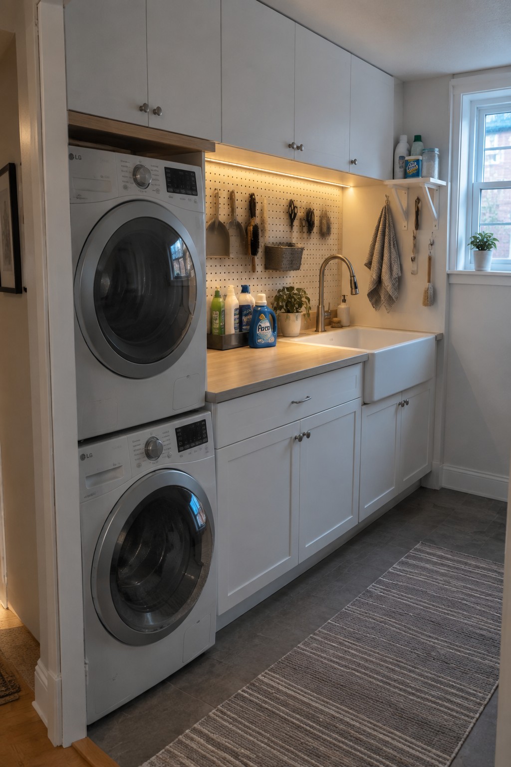 A laundry room with stacked LG front-load washer and dryer, white cabinets, wooden countertop, sink, pegboard wall, and under-cabinet lighting illuminating the workspace.