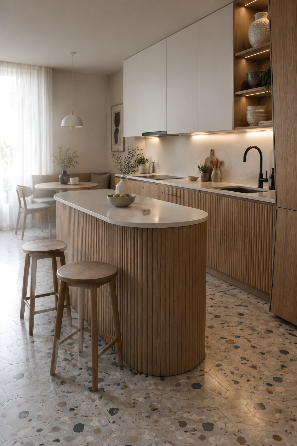 A modern kitchen with white upper cabinets, wooden lower cabinets, a curved island, and under-cabinet LED lighting illuminating the countertop.