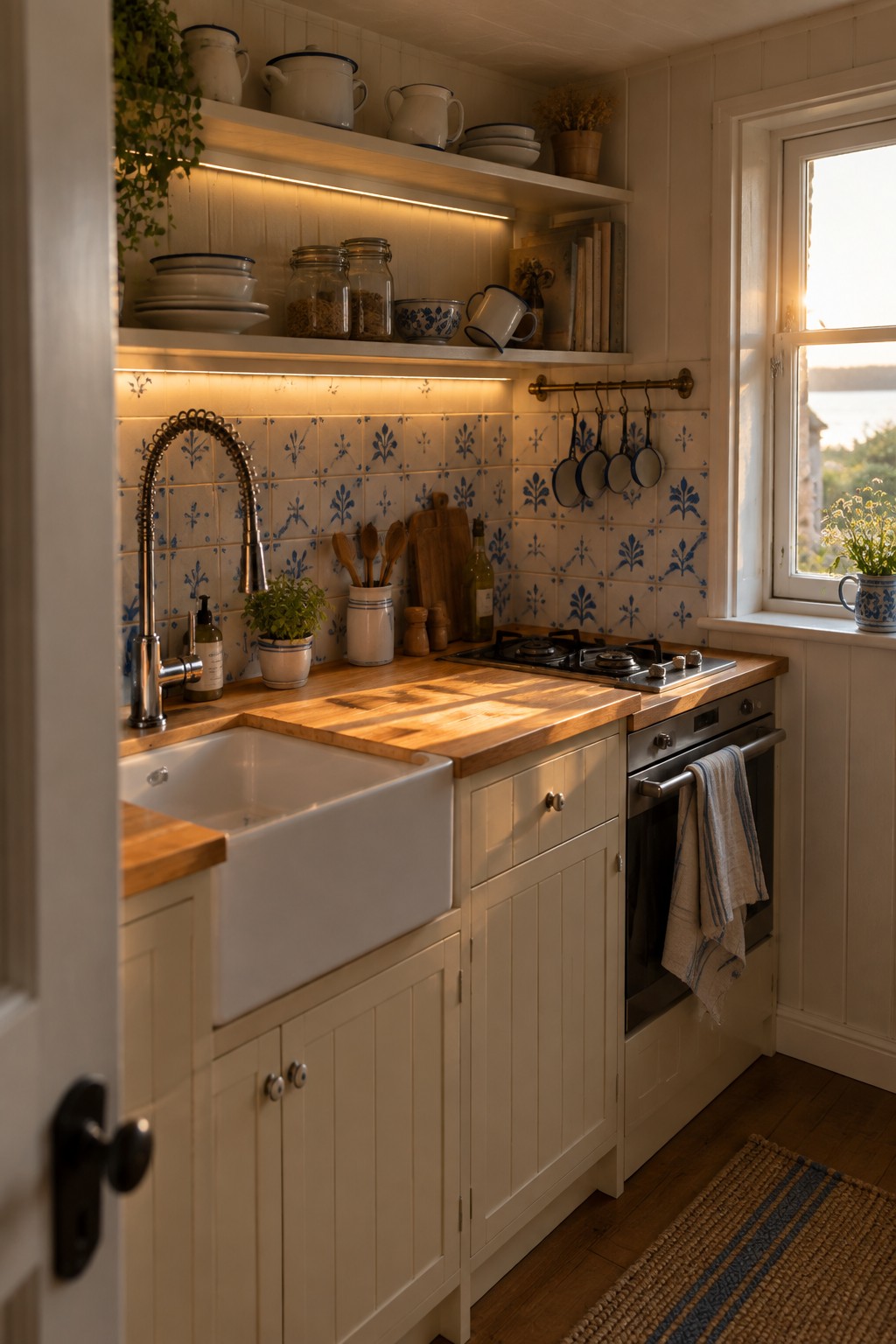 A kitchen corner with white cabinets, a farmhouse sink, wooden countertops, and open shelves lit by warm under-shelf LED strips above a blue-patterned tile backsplash.