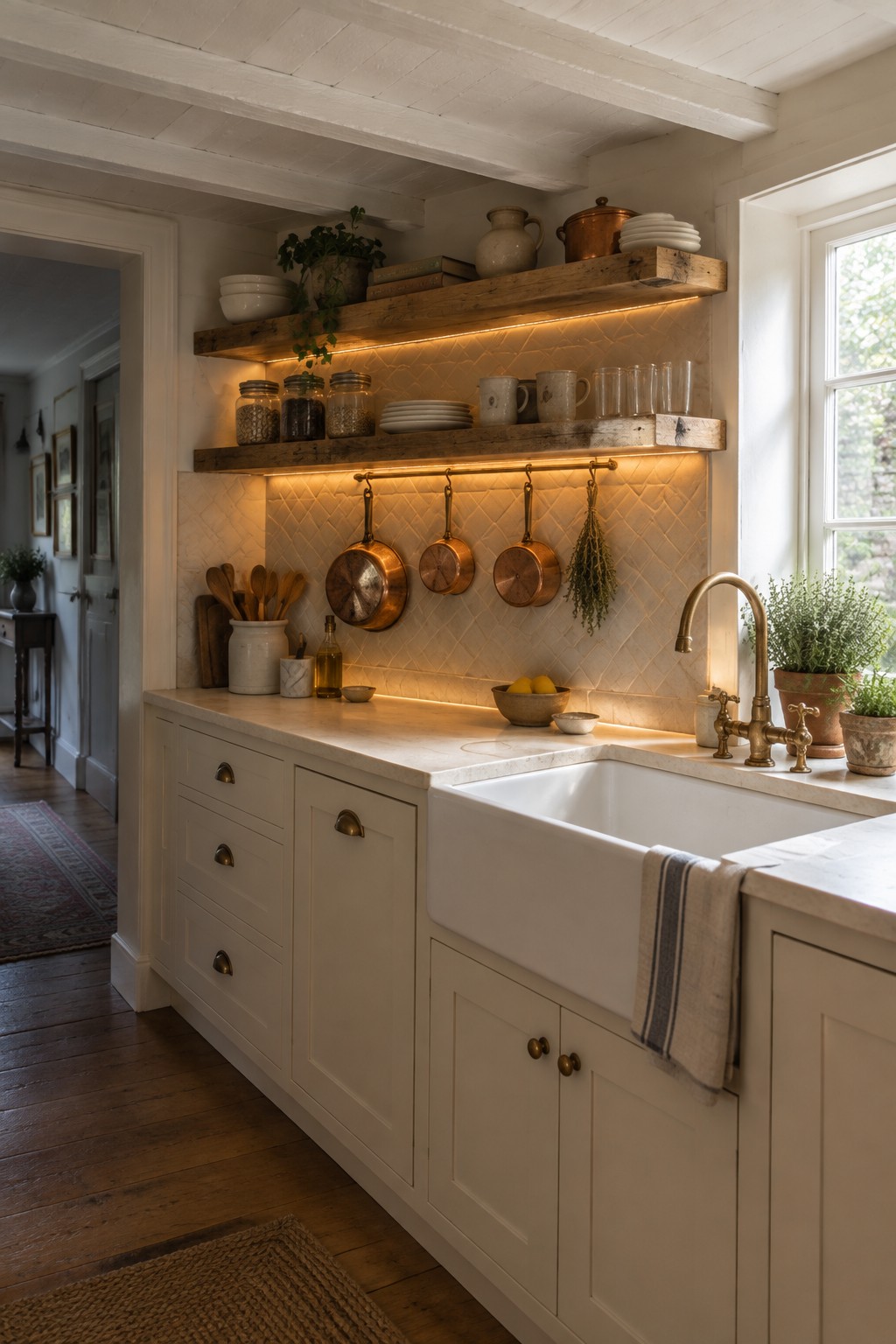 A kitchen with white cabinets, a farmhouse sink, and wooden floating shelves lit from below by warm under-shelf lighting.