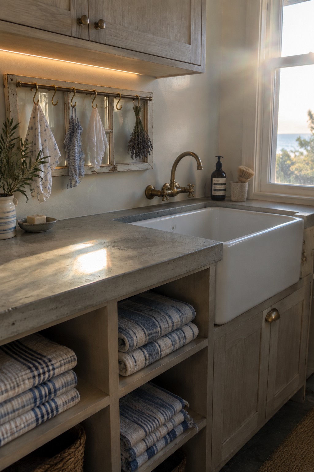 Sunlit coastal kitchen with white farmhouse sink, concrete counters, and ocean-view window.