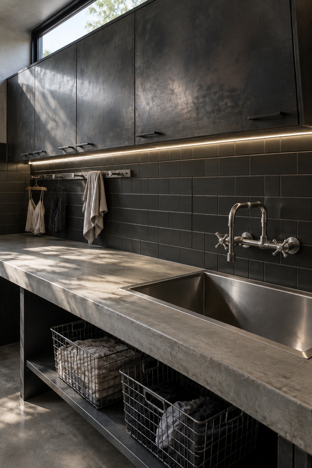 A laundry room with dark upper cabinets, under-cabinet LED strip lighting, a concrete countertop, stainless steel sink, and wire baskets stored below.