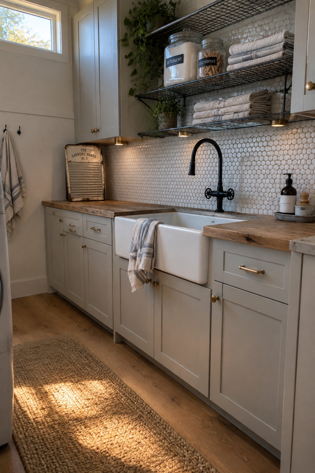 Rustic laundry room with white cabinets, farmhouse sink, black faucet, and wire shelves.