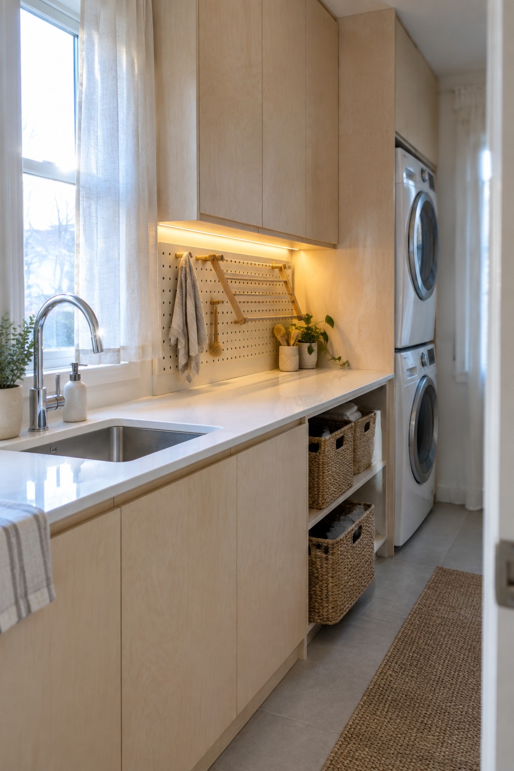A laundry room with light wood cabinets, white countertop, stainless steel sink, pegboard, and stacked washer dryer, lit by a warm LED strip under the upper cabinets.