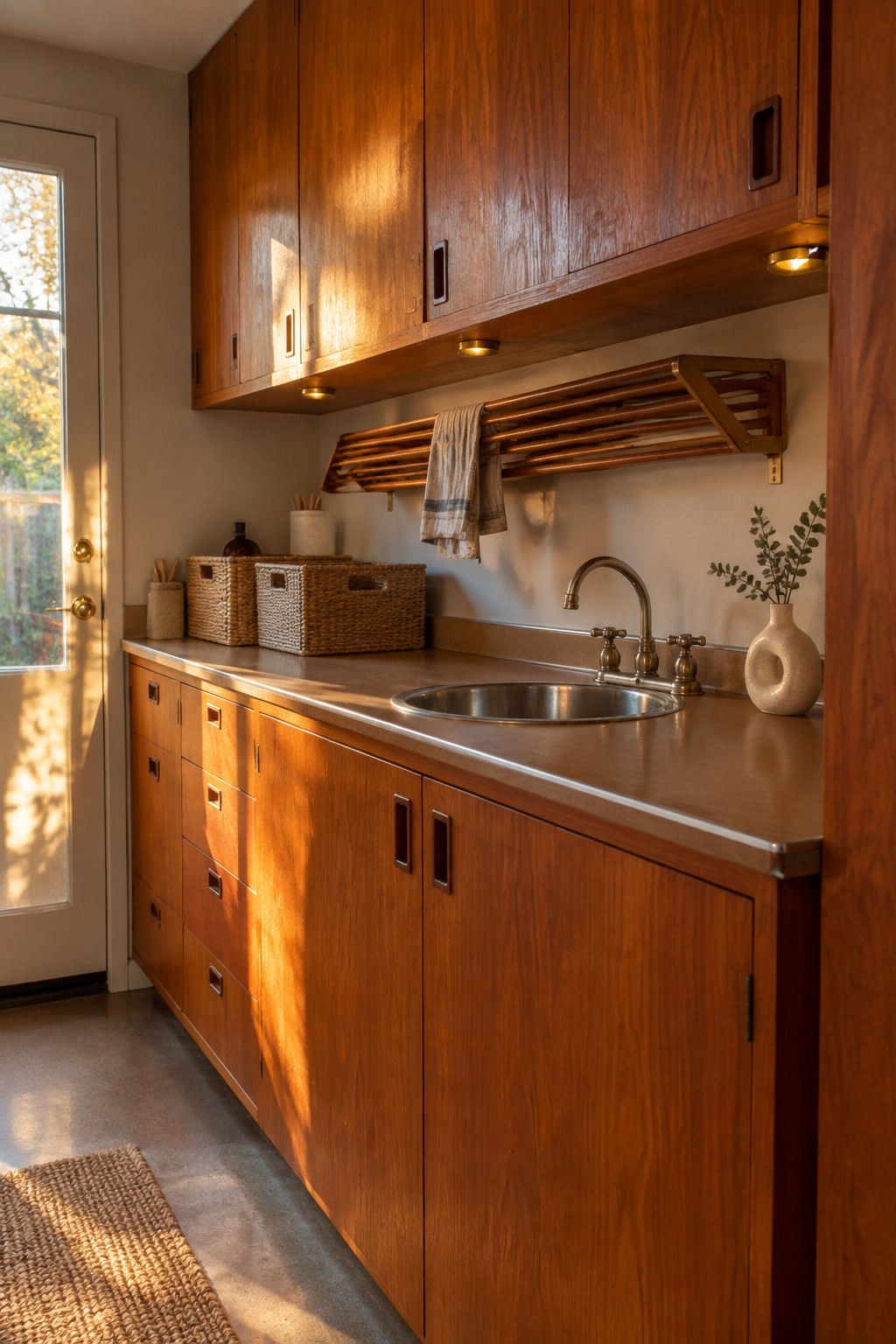 Sunlit mid-century kitchen with warm wood cabinets, stainless sink, and woven baskets.