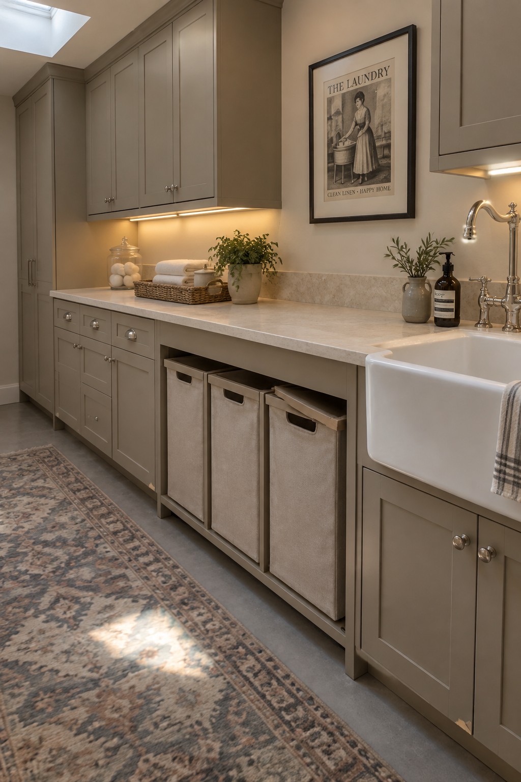 A laundry room with gray cabinets, a marble countertop, under-cabinet lighting, three fabric storage bins, and a white farmhouse sink.