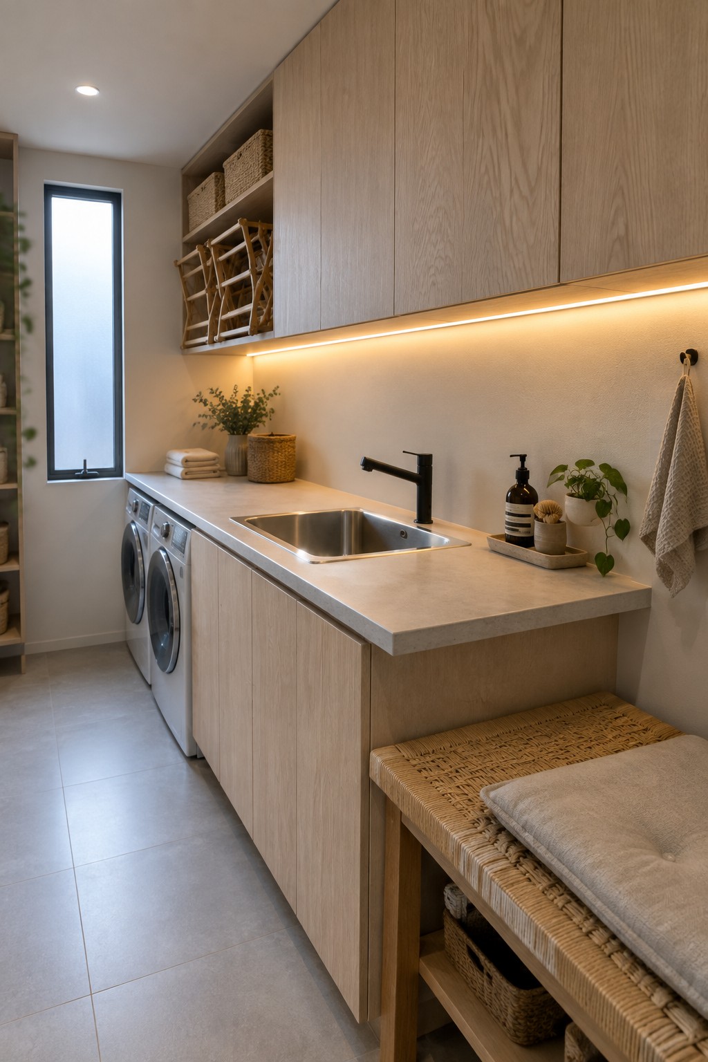 Modern laundry room with light wood cabinets, sink, washers, and woven bench.
