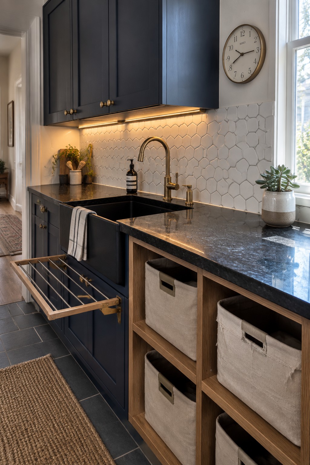 A kitchen with dark blue cabinets, black countertop and sink, brass faucet, and warm under-cabinet lighting glowing along the bottom of the upper cabinets above a white hexagonal tile backsplash.
