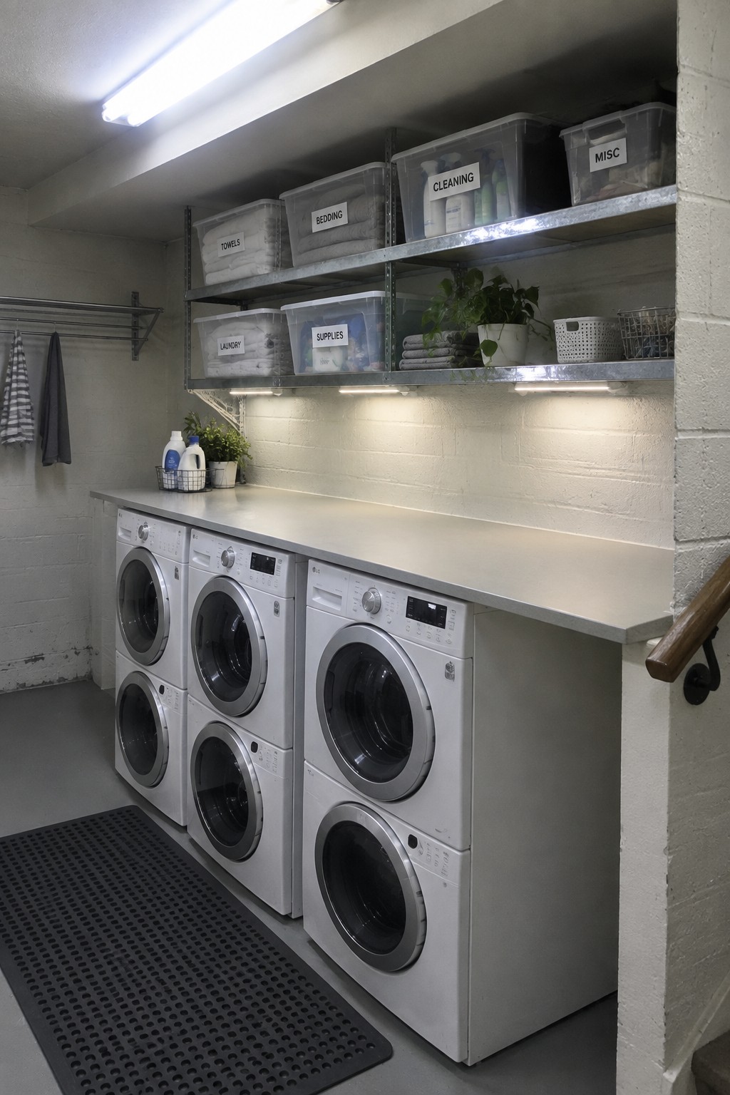 Stacked white washers beneath gray countertop with labeled storage bins on metal shelves