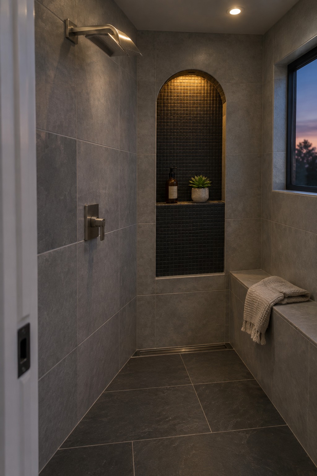 A tiled shower interior shows an arched niche with dark mosaic tiles lit from above, holding a bottle and small plant, with a built-in bench and folded towel to the right.