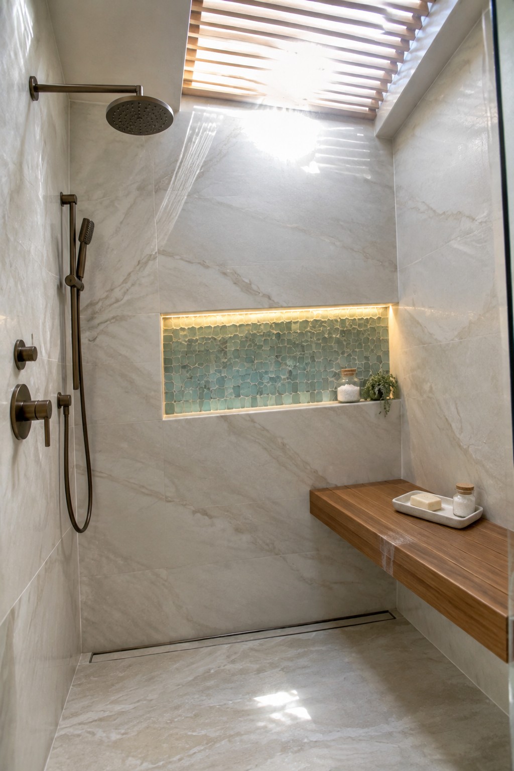 Modern marble shower with bronze fixtures, green mosaic niche, wooden bench and skylight.