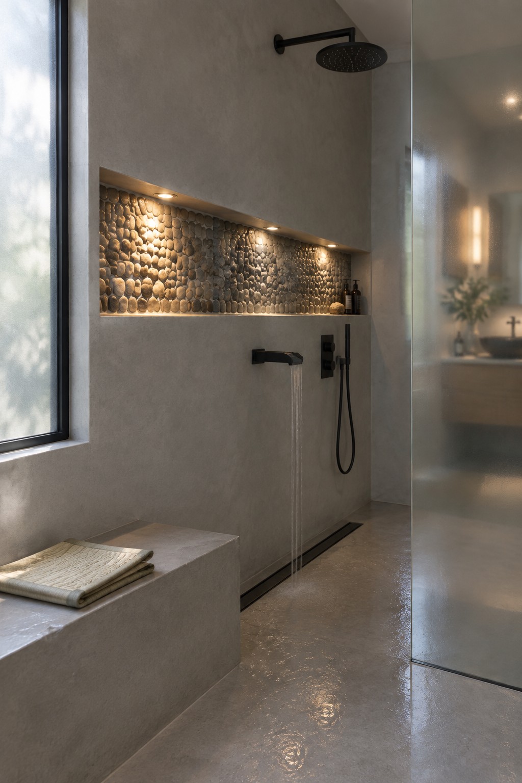 A modern shower area with a recessed niche lined in pebble stones lit from within by warm LEDs, black wall mounted fixtures, and a concrete bench holding a folded towel.