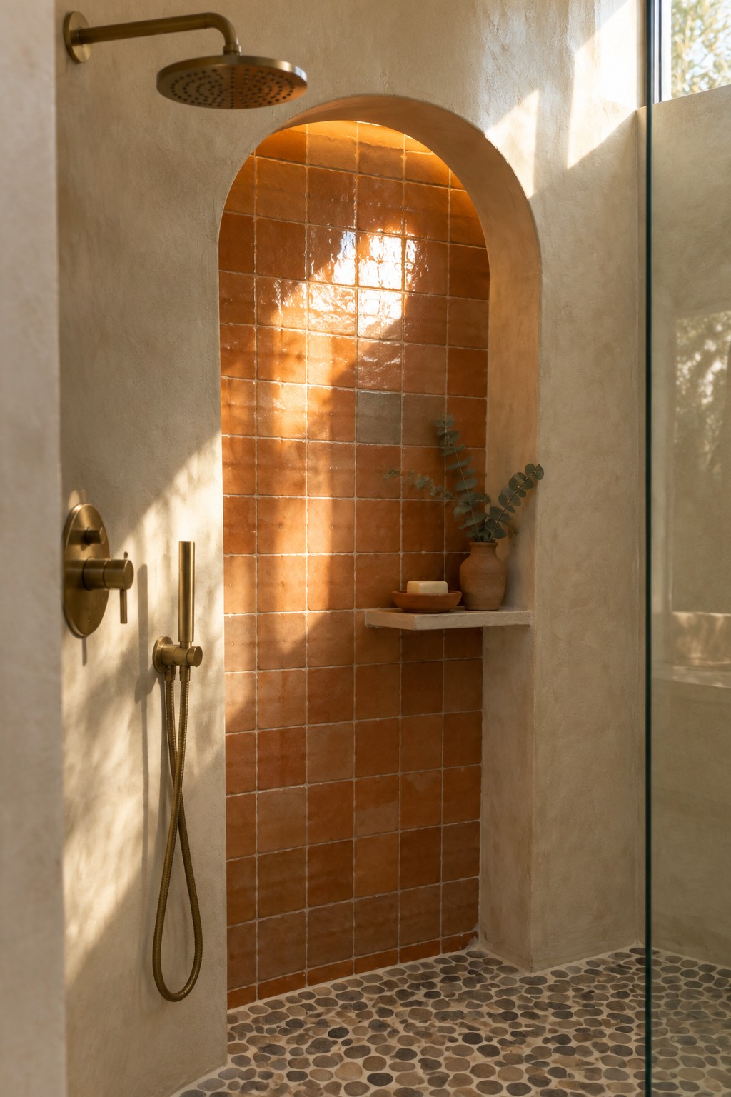 A bathroom shower with an arched niche of orange terracotta tiles lit by sunlight, a built-in shelf holding a vase and soap, and brass shower fixtures on the left wall.