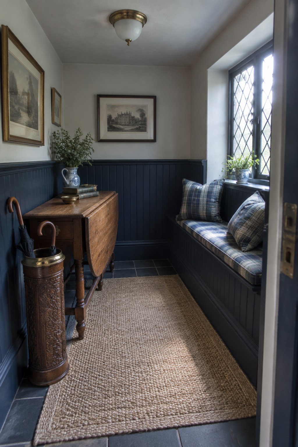 A narrow traditional entry hallway with dark blue wainscoting, a wooden drop-leaf table, a built-in bench with plaid cushions, framed pictures on the wall, and a brass ceiling light fixture.