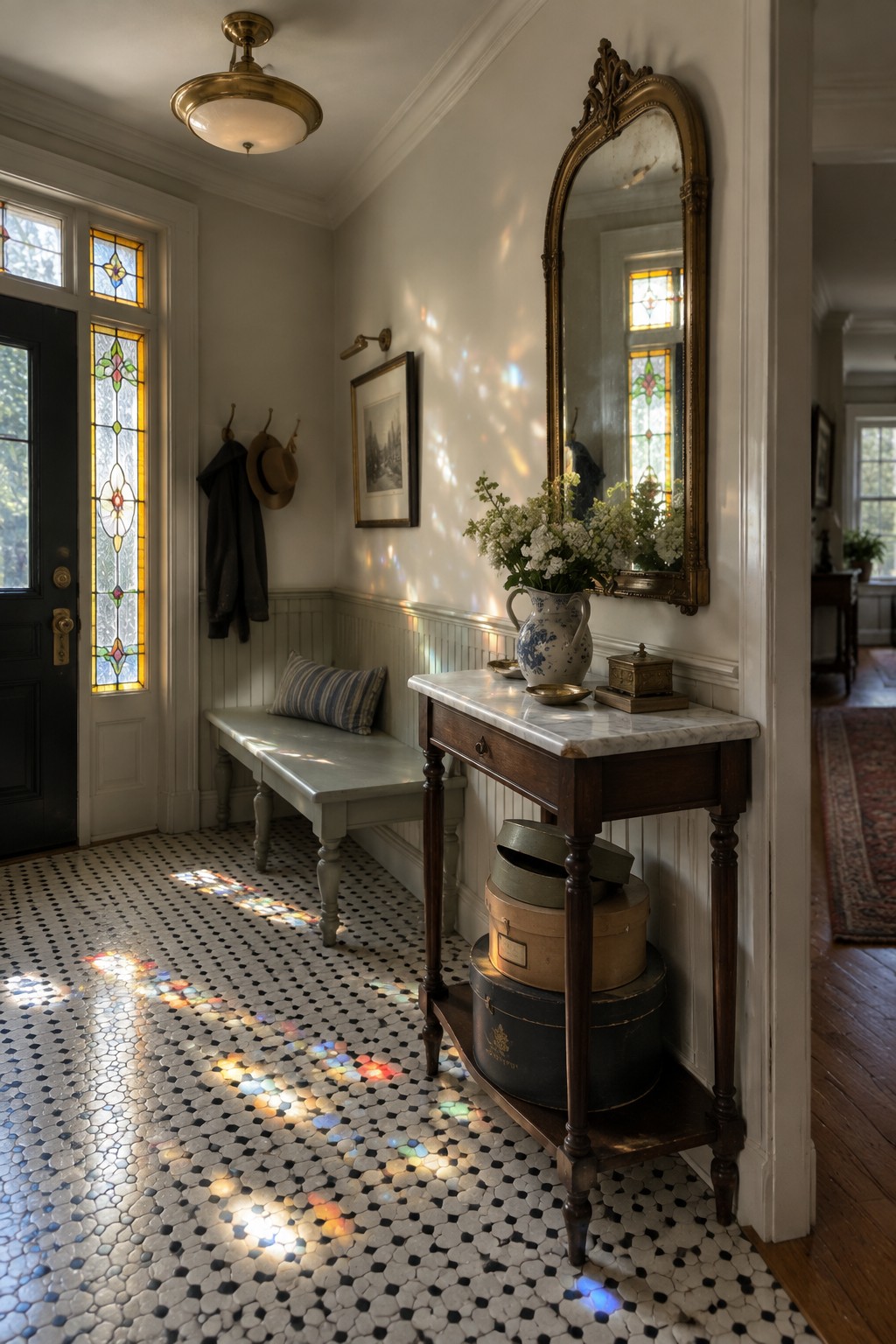 Sunlit vintage foyer with mosaic floor, stained glass, marble table, mirror, and hatboxes