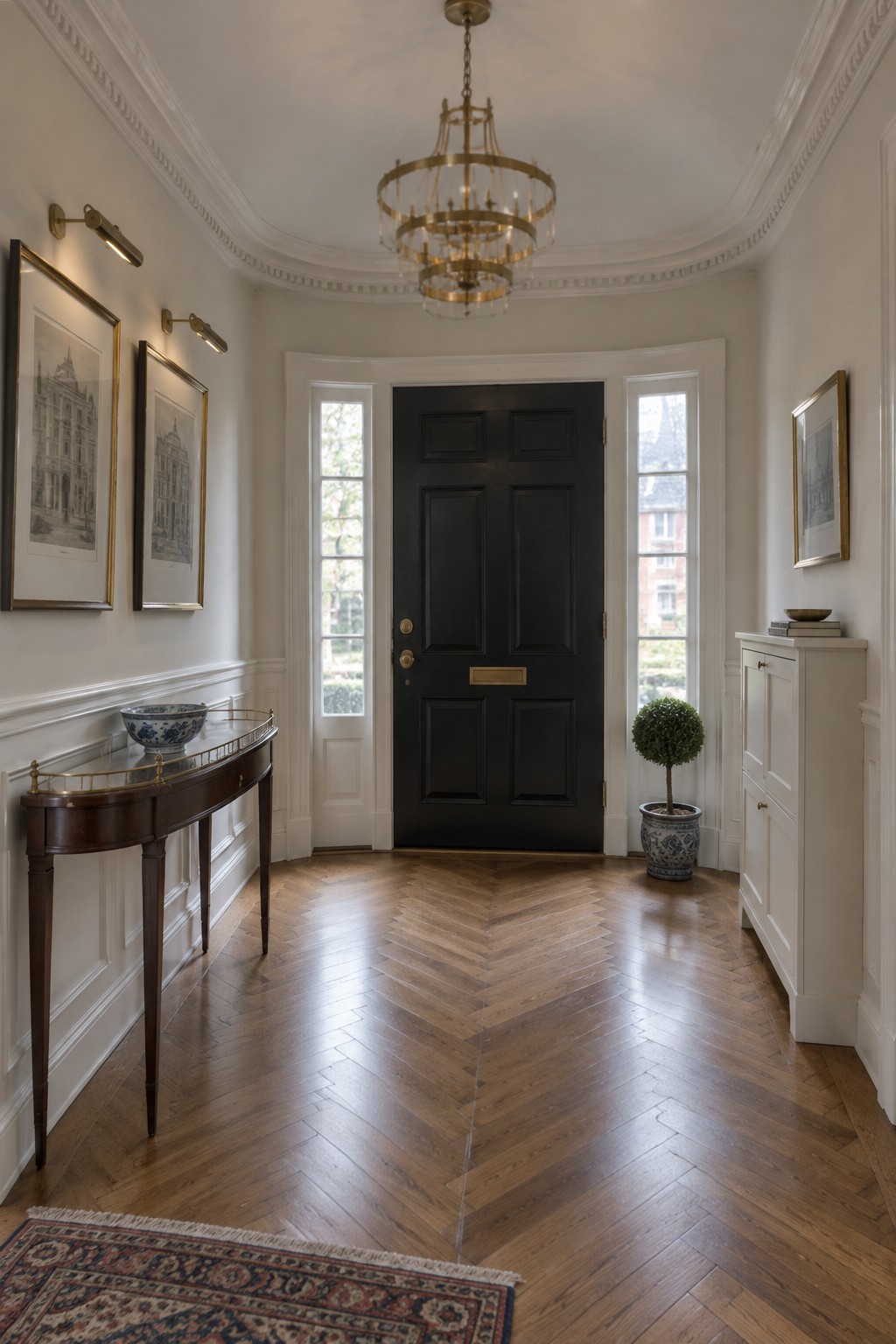 A traditional interior entryway featuring a black paneled door, brass chandelier, herringbone wood floor, and framed artwork on white walls.