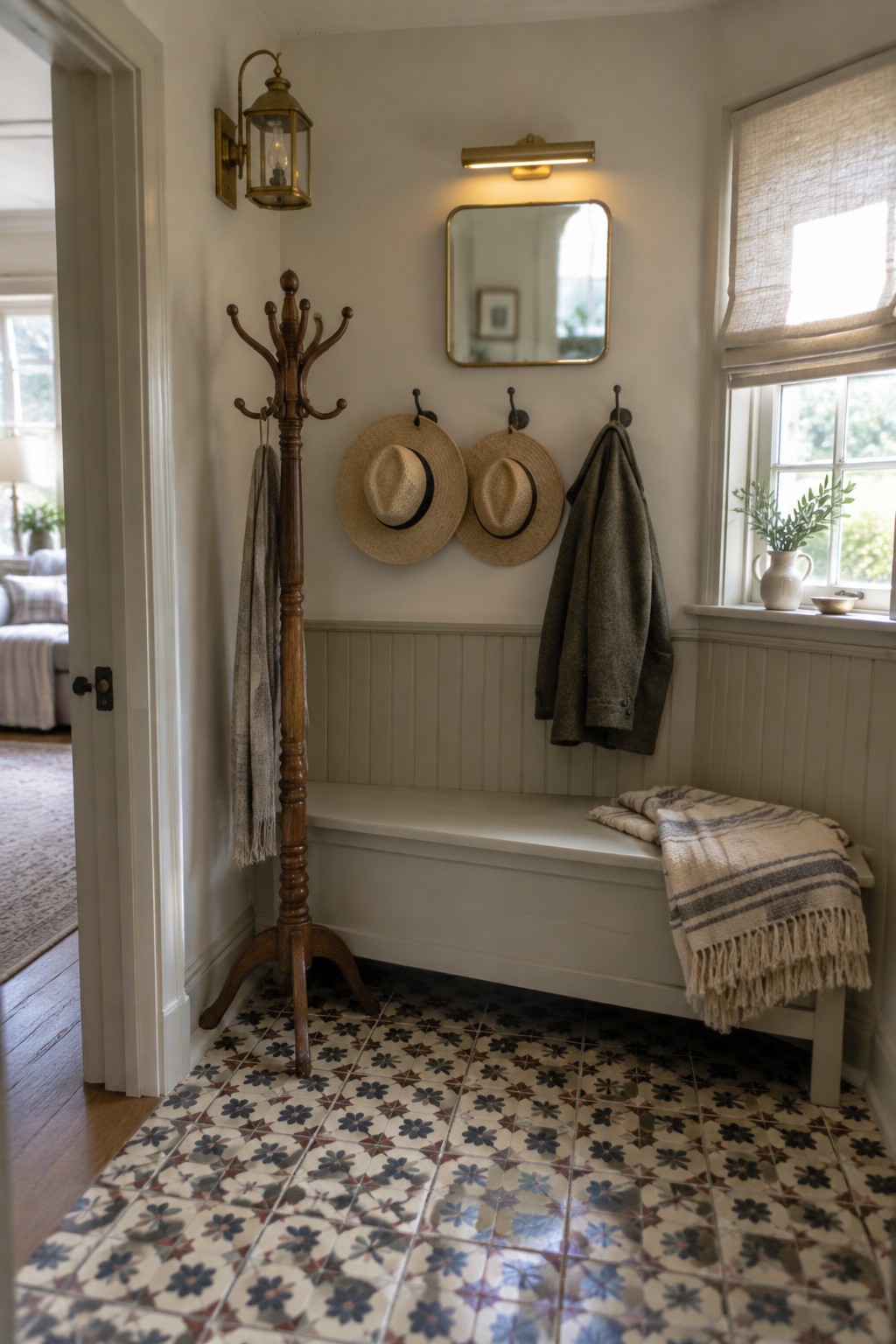 Rustic entryway with patterned tile floor, white bench, wooden coat rack, and straw hats.