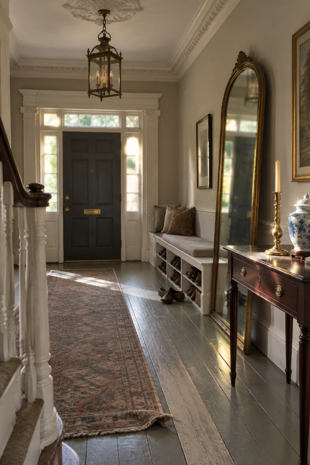 A traditional interior entryway featuring a brass lantern chandelier, a dark paneled front door with sidelights, a long patterned runner rug, a built-in bench with cushions, and a tall gold-framed mirror beside a wooden console table.