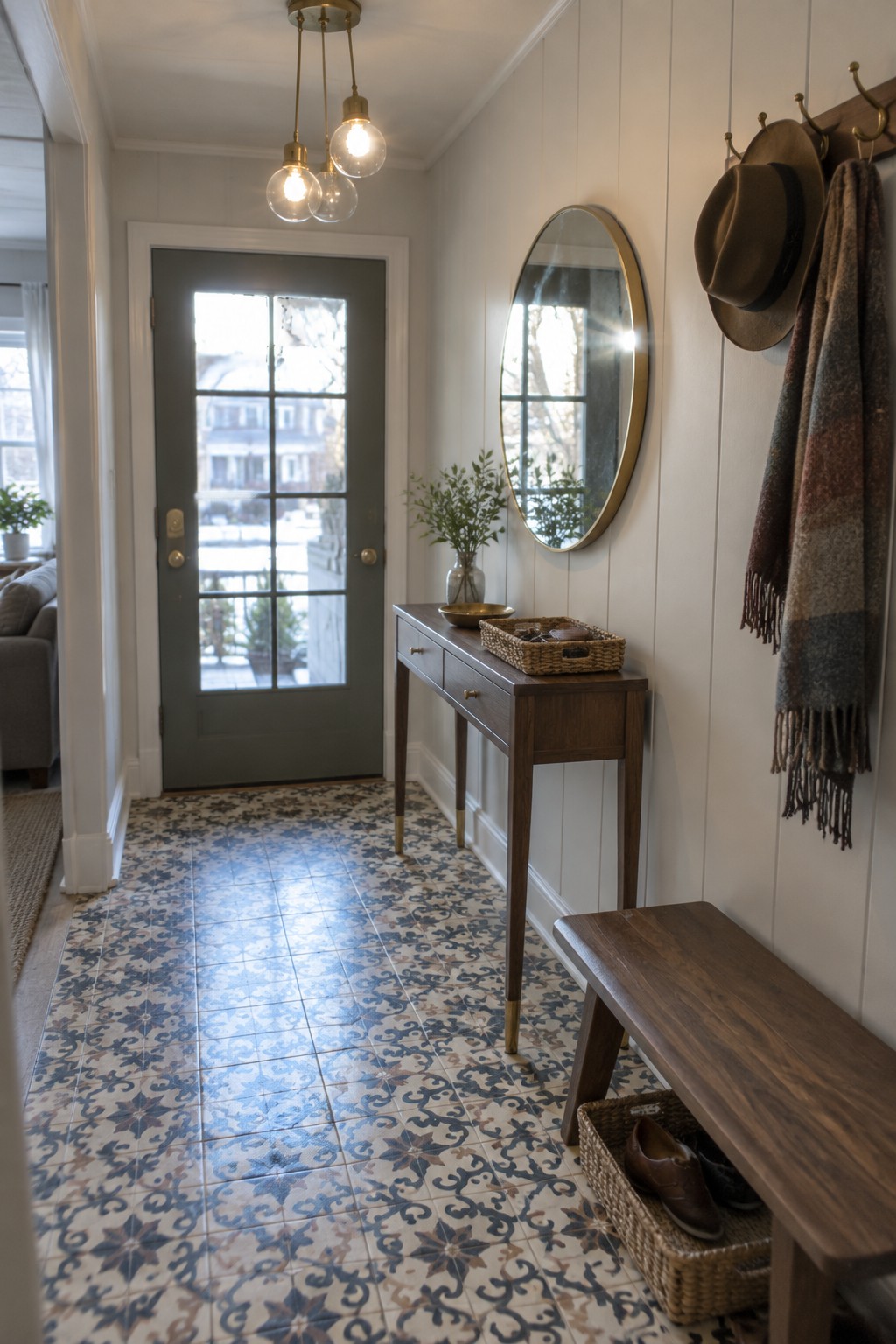 A narrow interior entryway with a brass multi-bulb ceiling light, patterned tile floor, dark wood console table, round mirror, and wooden bench holding woven baskets.