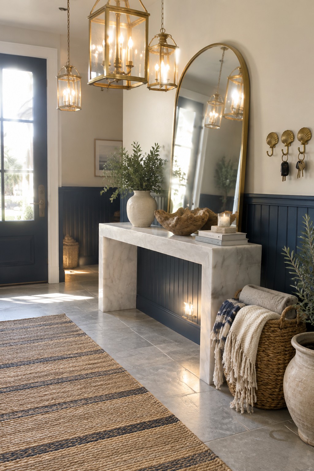 A bright home foyer featuring multiple brass lantern pendants of varying sizes hanging above a marble console table, with an arched mirror and striped rug visible.