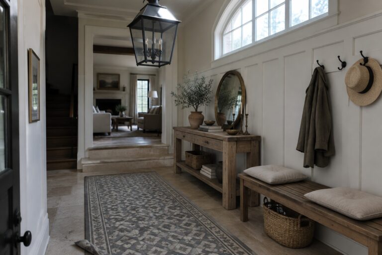 Elegant foyer with black lantern, rustic console table, round mirror, hat, and blue runner rug.