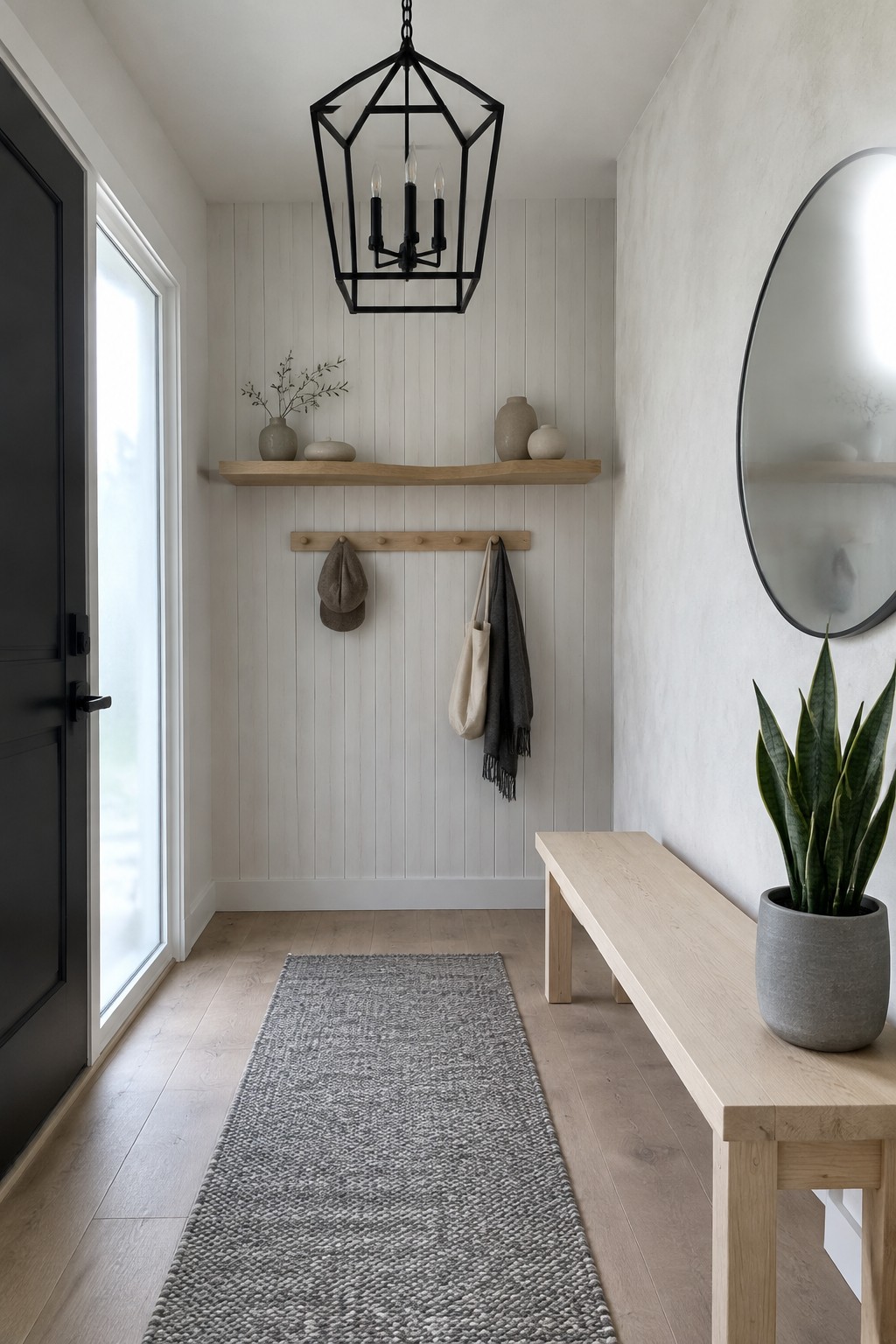 A narrow interior entryway with a large black geometric lantern chandelier, wooden bench, peg rail with items, floating shelf, and gray woven runner on light wood flooring.