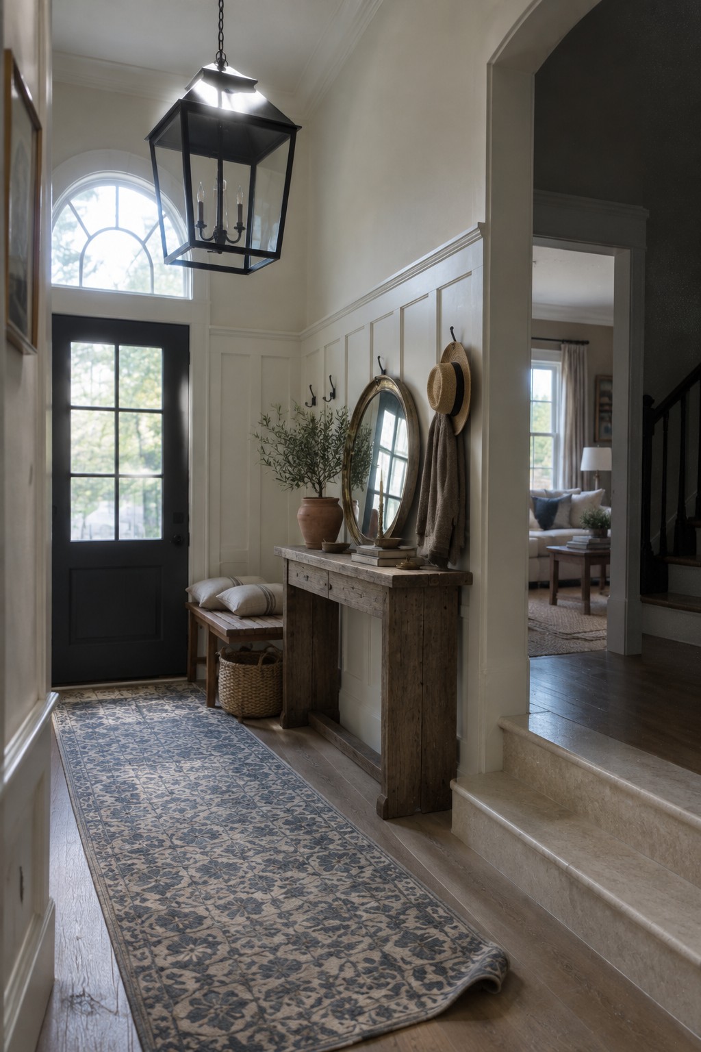 Elegant foyer with black lantern, rustic console table, round mirror, hat, and blue runner rug.