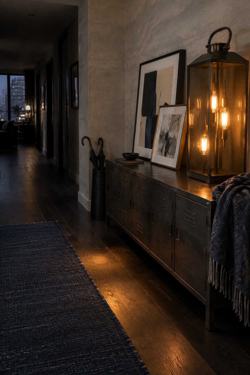 Dark metal cabinet with glowing lantern, abstract art, and blue rug in hallway