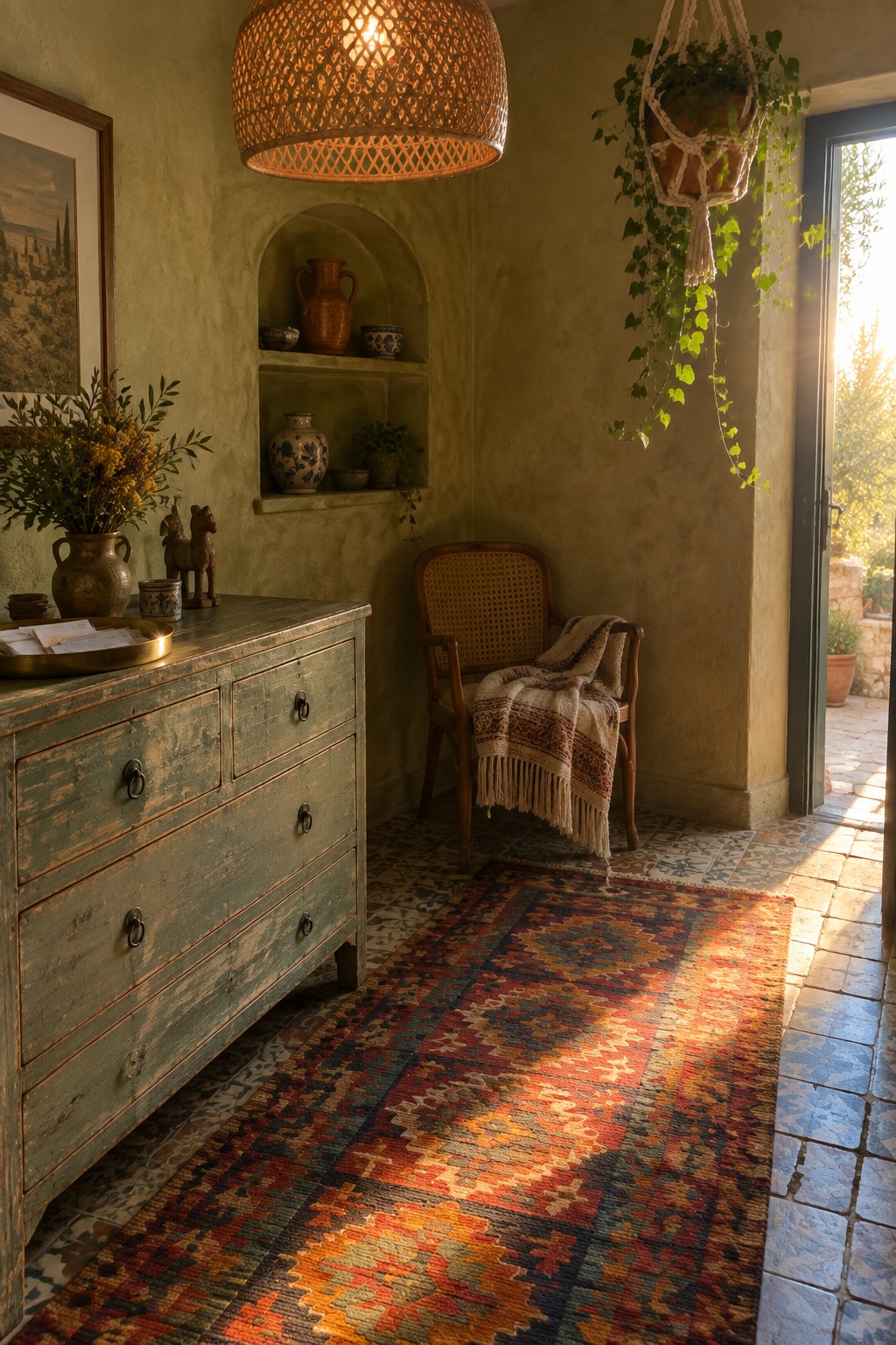 A rustic interior foyer shows a large woven pendant light hanging above a colorful patterned rug, with a green distressed dresser on the left, a wicker chair with a throw, built-in wall niches holding pottery, and a hanging plant near an open doorway.