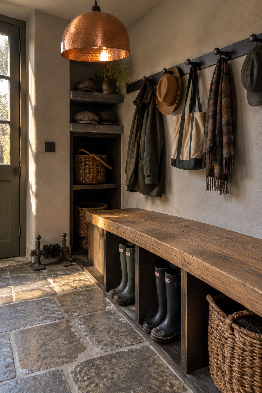 A narrow mudroom with a large copper pendant light above a wooden storage bench, wall hooks holding coats and hats, and open shelves with baskets.