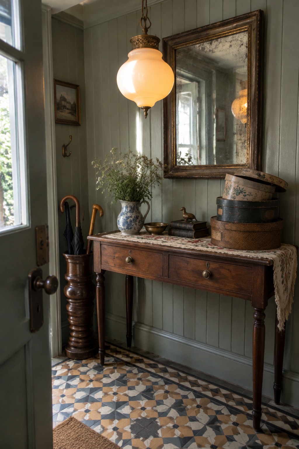 A narrow entryway with green vertical paneling shows a wooden console table beneath a large glowing glass pendant light, a mirror on the wall, and patterned tile flooring.