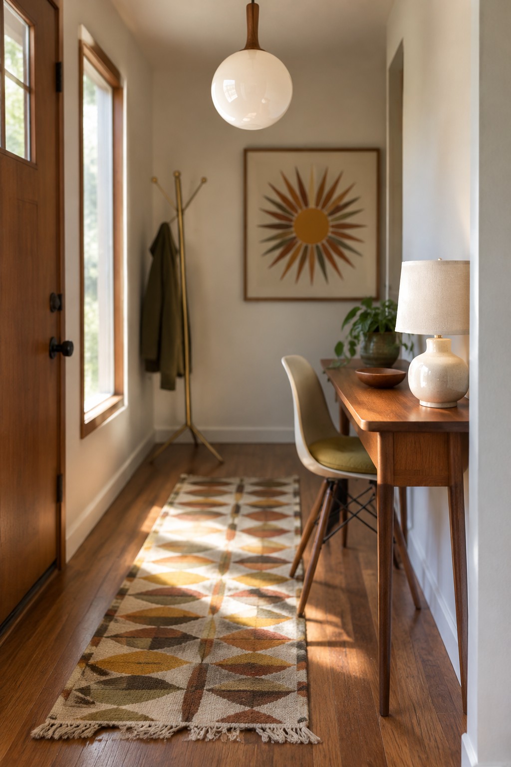 A narrow interior hallway featuring a large white spherical pendant light, a wooden console table with a lamp, a patterned runner rug on hardwood flooring, and a window on the left wall.