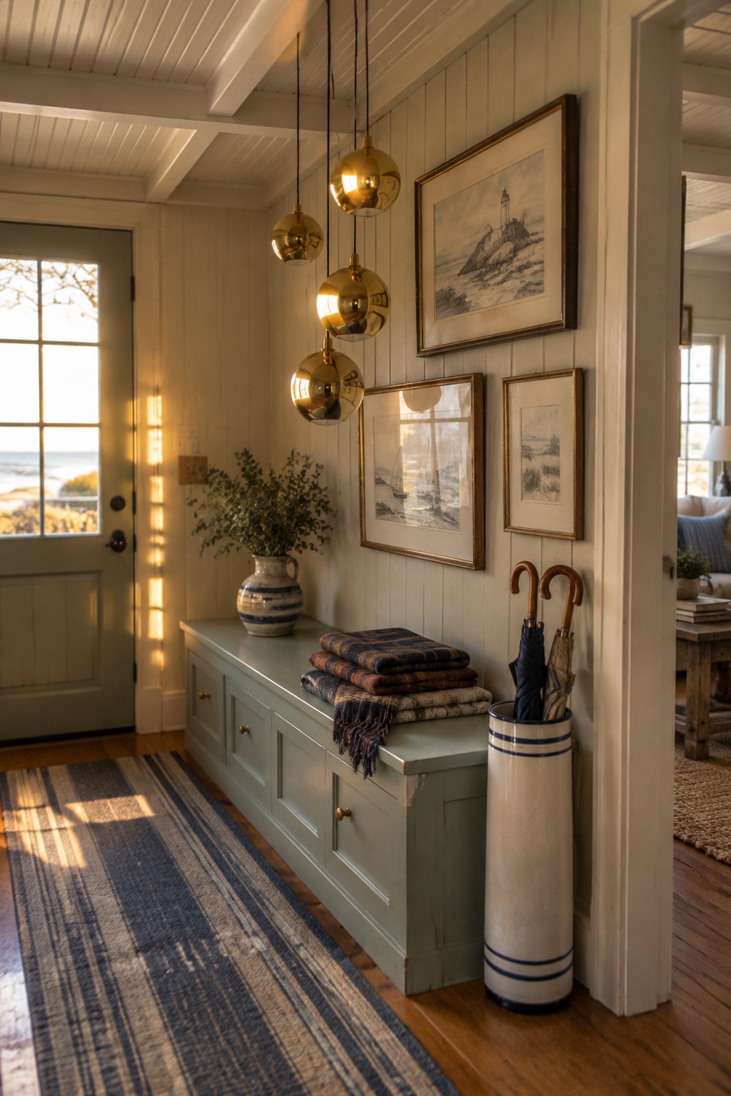 Coastal entryway with golden orb pendants, green bench, plaid throws, and umbrella stand.