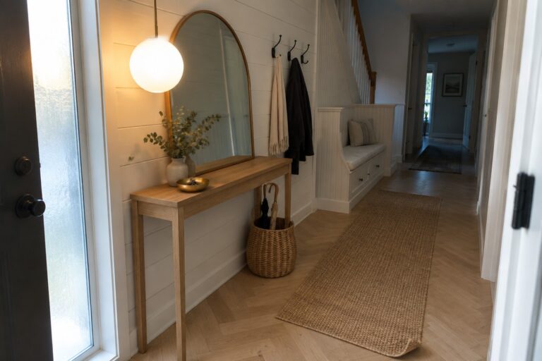 21 Chic Foyer Pendant Lights for Narrow Entryways A narrow interior hallway with a round pendant light above a wooden console table, a leaning mirror, and a woven rug on herringbone flooring.